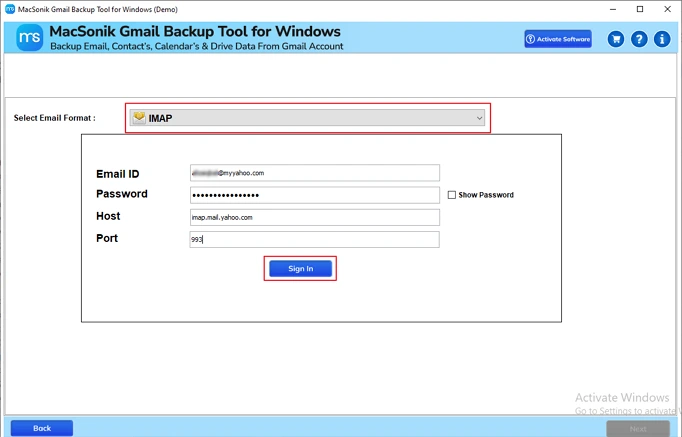 Select IMAP and Enter IMAP Credentials.