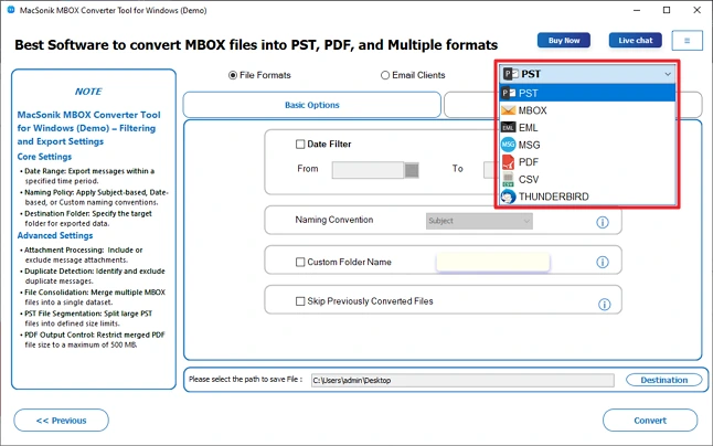 Choose the PST fileformat