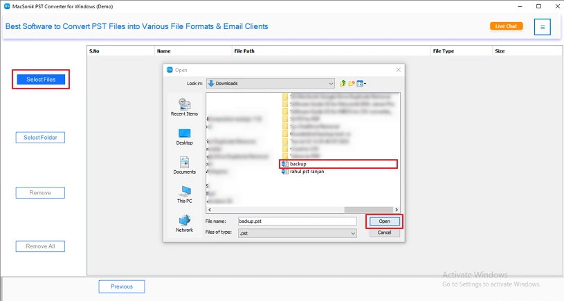 Browse the desired PST file