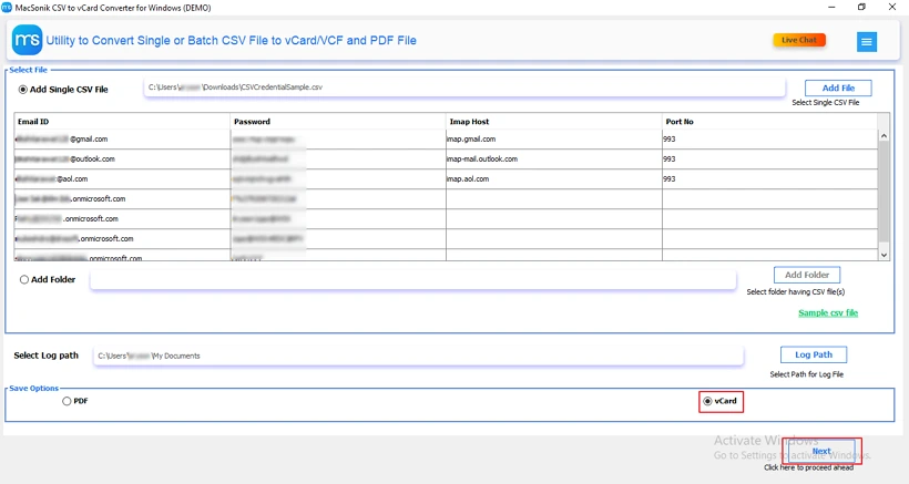 Select the Save Options as vCard