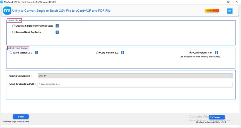 Choose the export and the vCard version