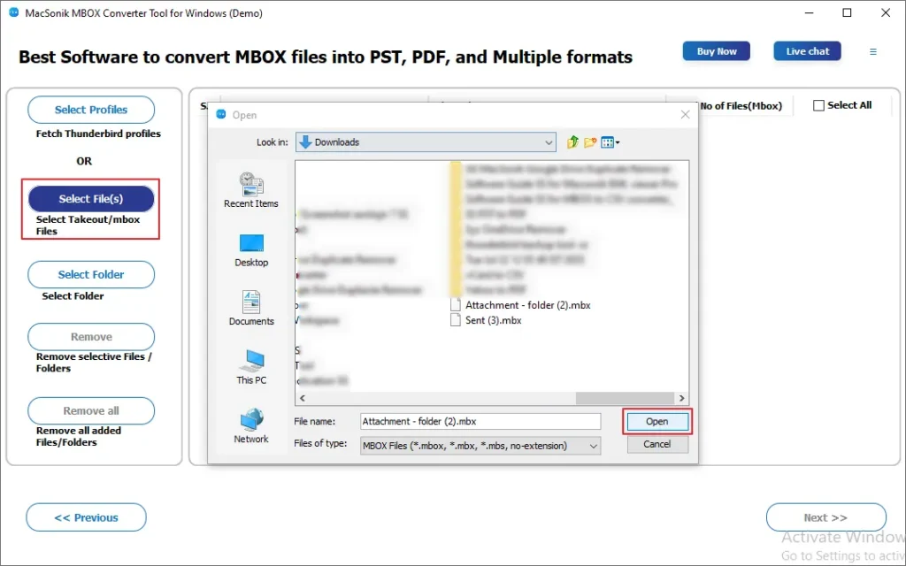 Click on the Select File(s) option, locate the MBOX file, select it, and Open it.