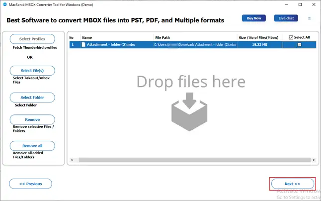 Select the files, and then, click Next to continue.