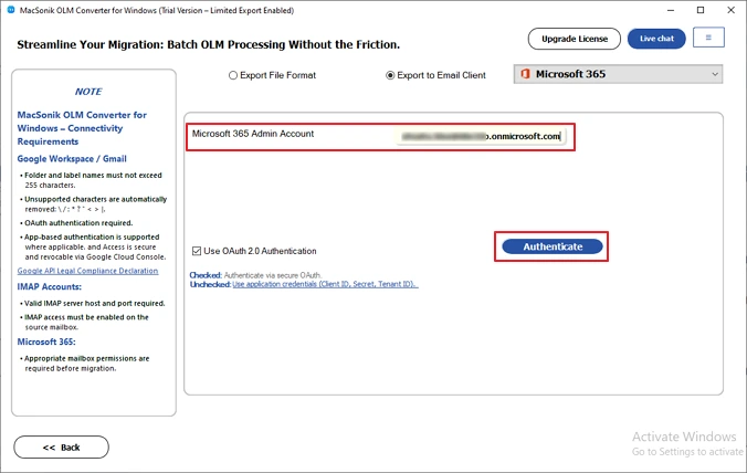 Authenticate with the Microsoft 365 Admin account