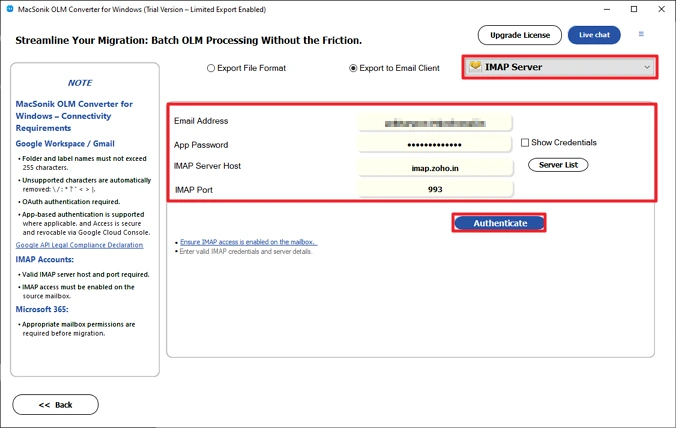 Choose IMAP and log in with Zoho