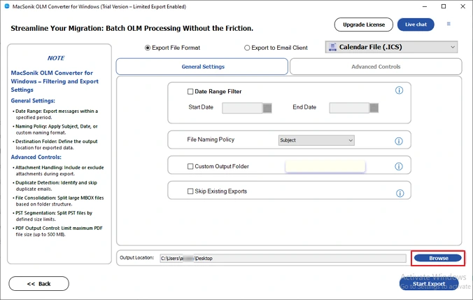 Choose destination to save files.