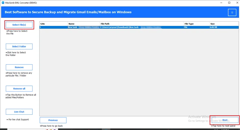 After that, click on the Select Files option to upload the desired EML file.