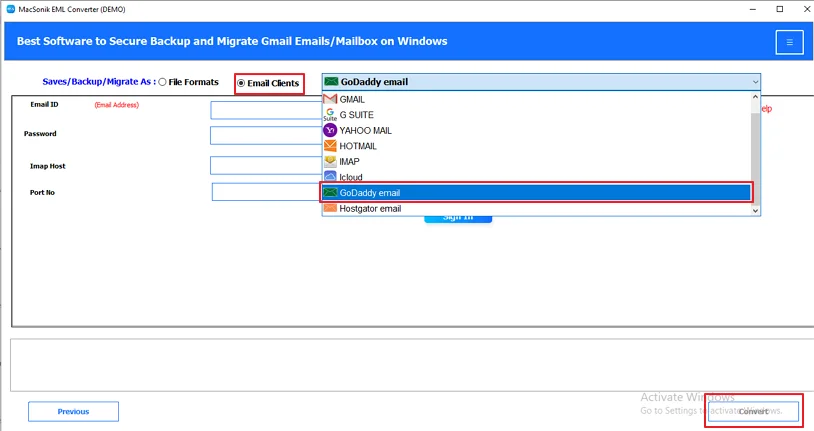 Click Next and then choose GoDaddy Email as the Email Client.