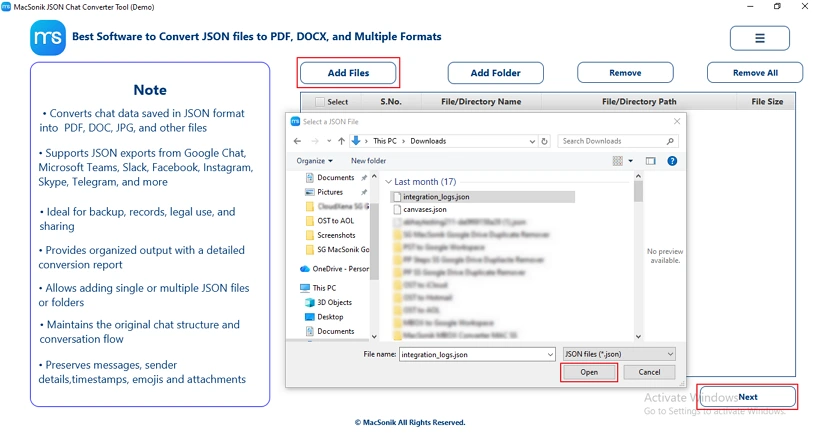 Upload JSON files using Add files Option.