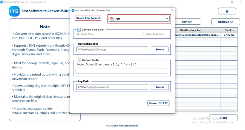 Choose the target Output format as PDF.