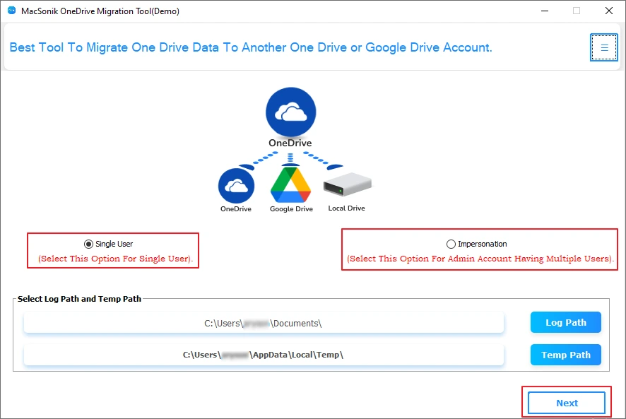 Choose Single User, select Business account, and authenticate with the account credentials.
