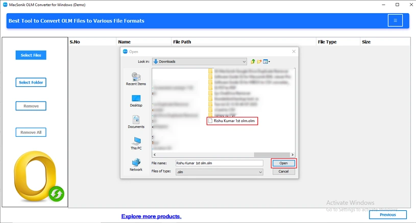 Choose OLM file and select it to upload it