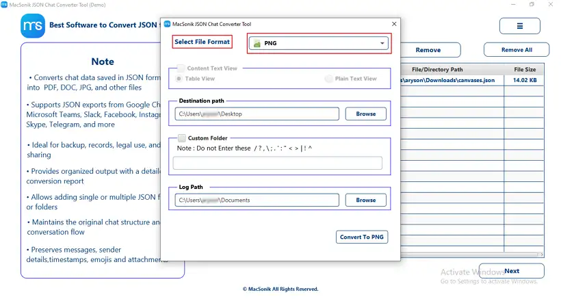 Select PNG as the Saving format.