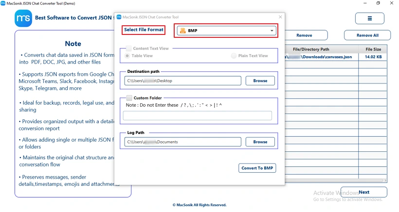 Select File Format as BMP
