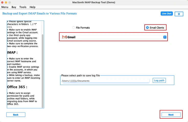 Choose Gmail as the Saving format.