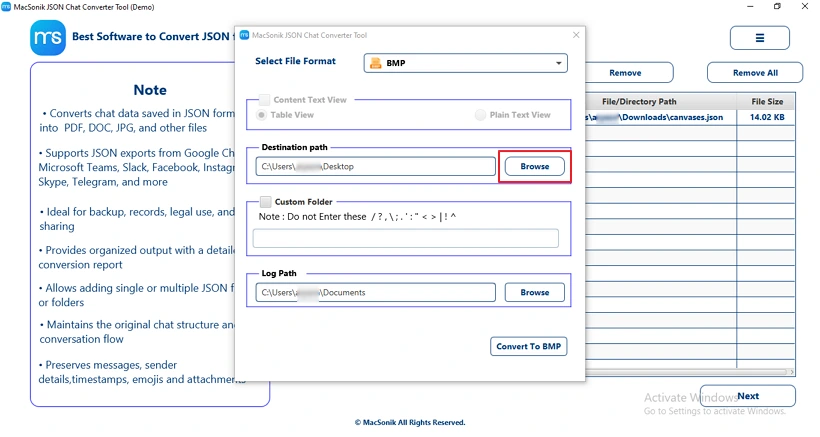 Choose saving destination path