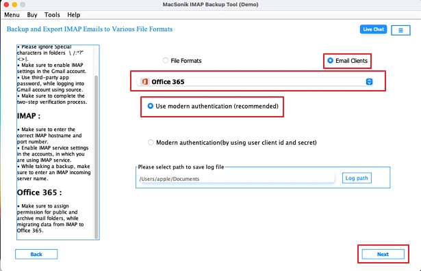 select Office 365 as an Email Client