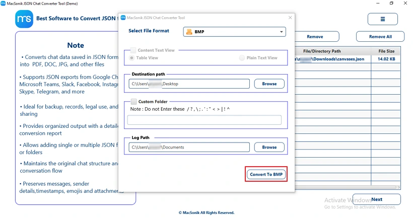  Click Convert to BMP