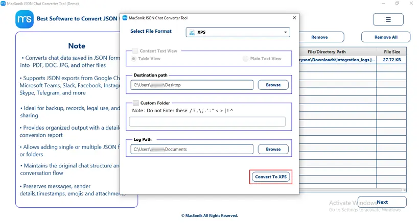 click Convert to XPS