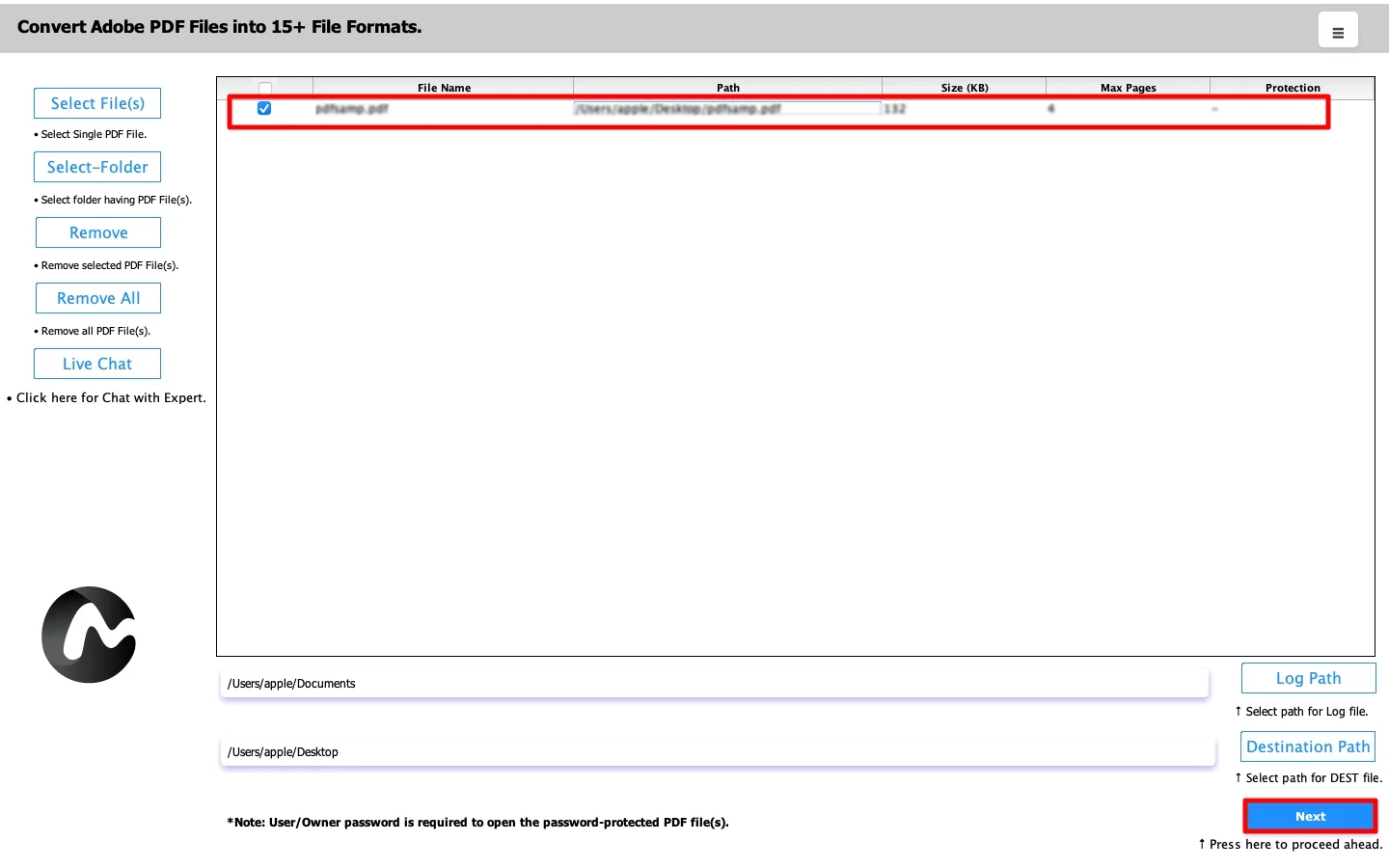 select the PDF file