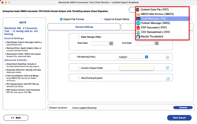 choose the EML file format