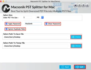 Select size, set the path and click Split