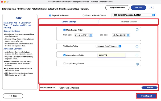 apply the filters and and click Start Export