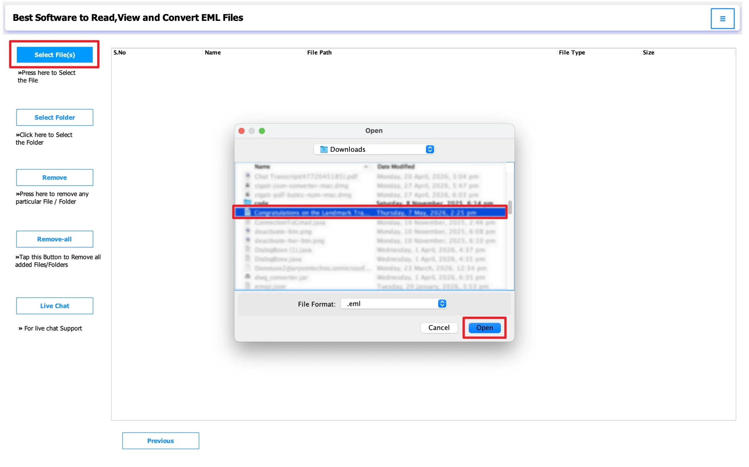 Click Select Files and upload the EML file