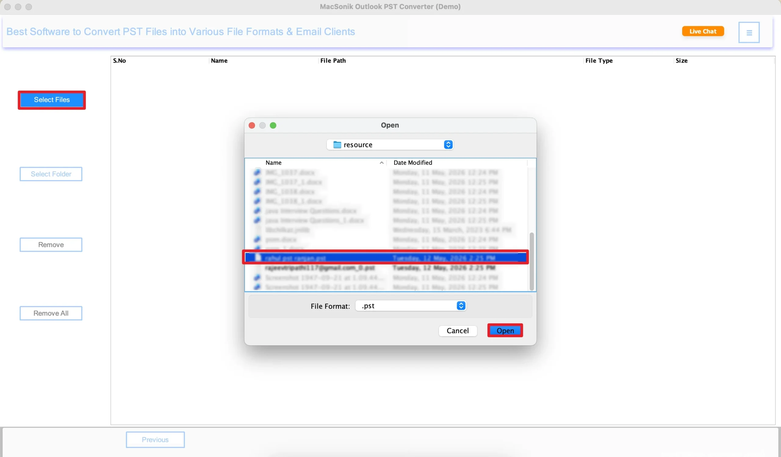 Click Select Files to insert the PST file