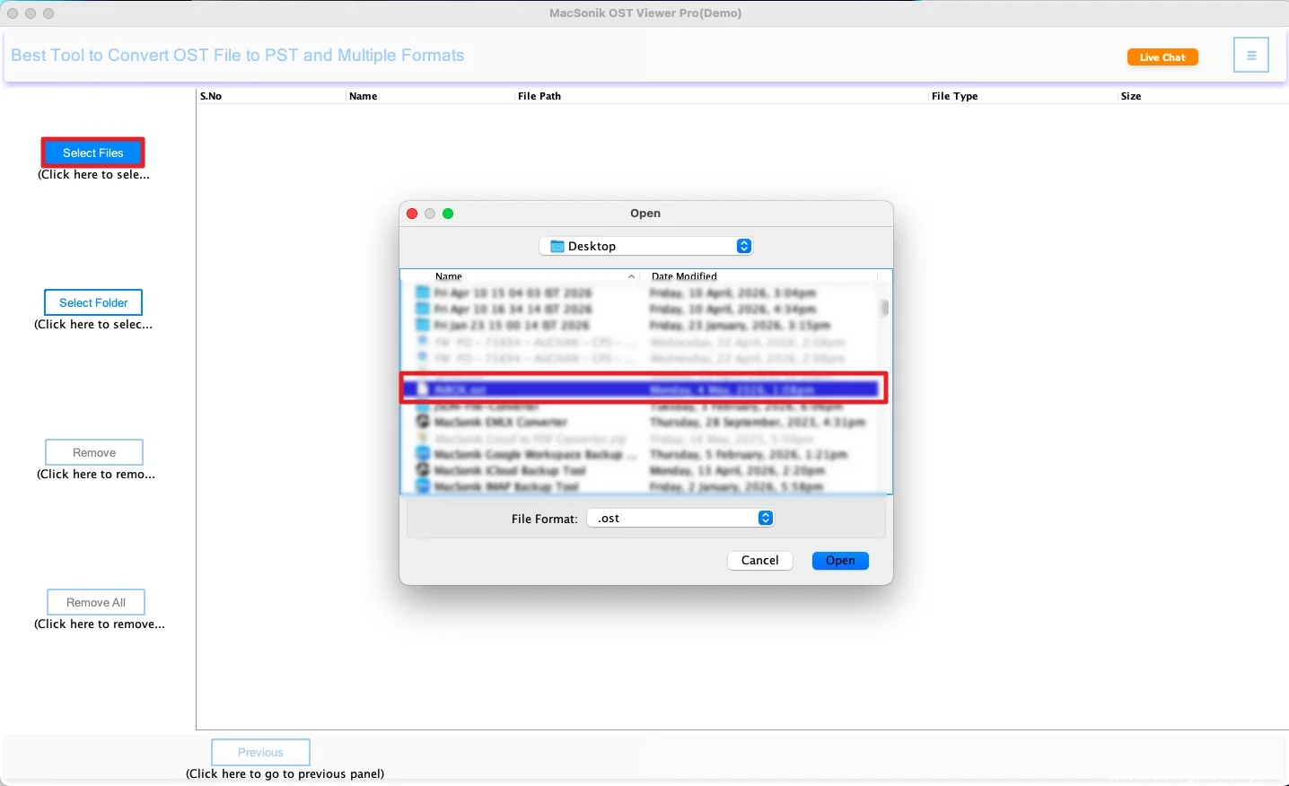 select the files to open the OST