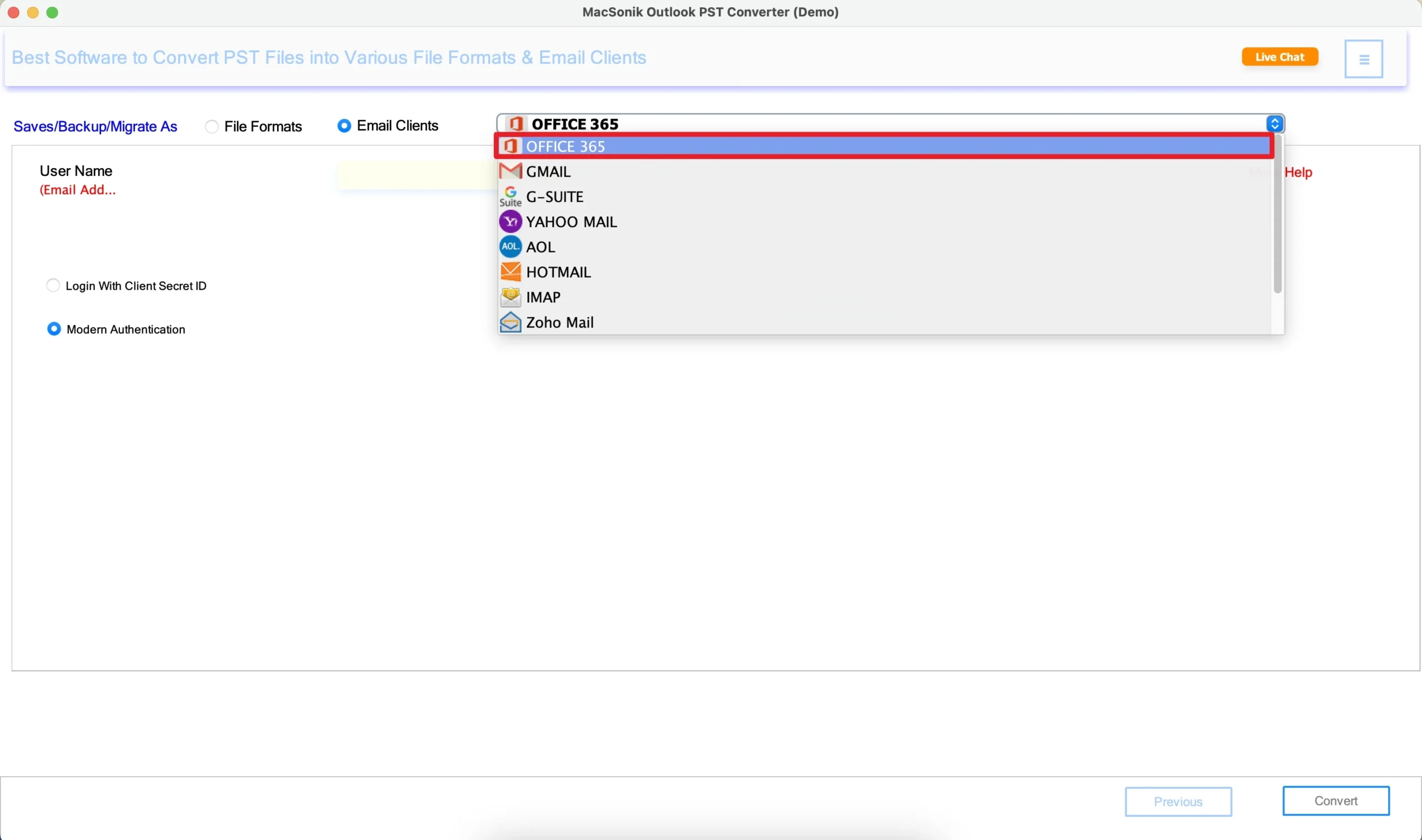 choose Office 365 as the saving email platform
