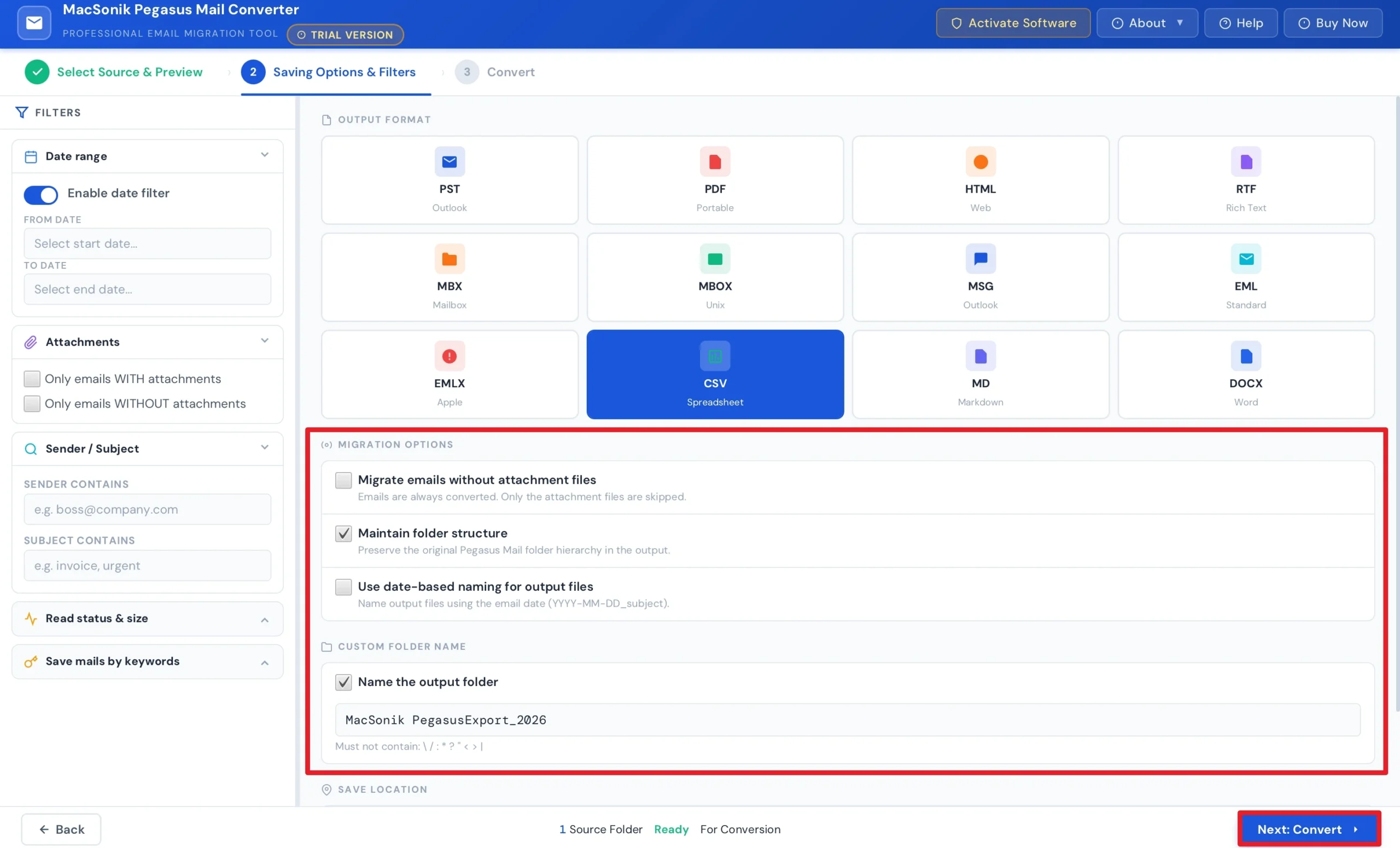 Select the Migration options