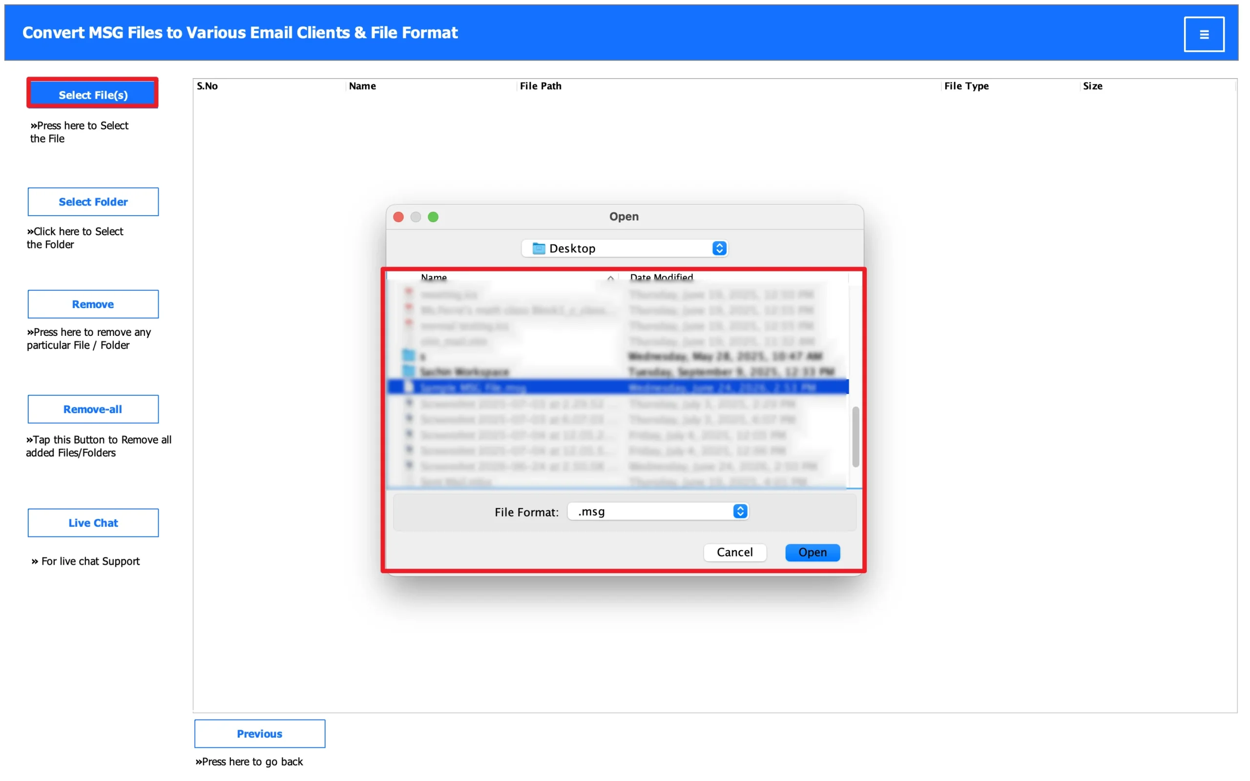 Select the Files/Folders to upload the MSG file