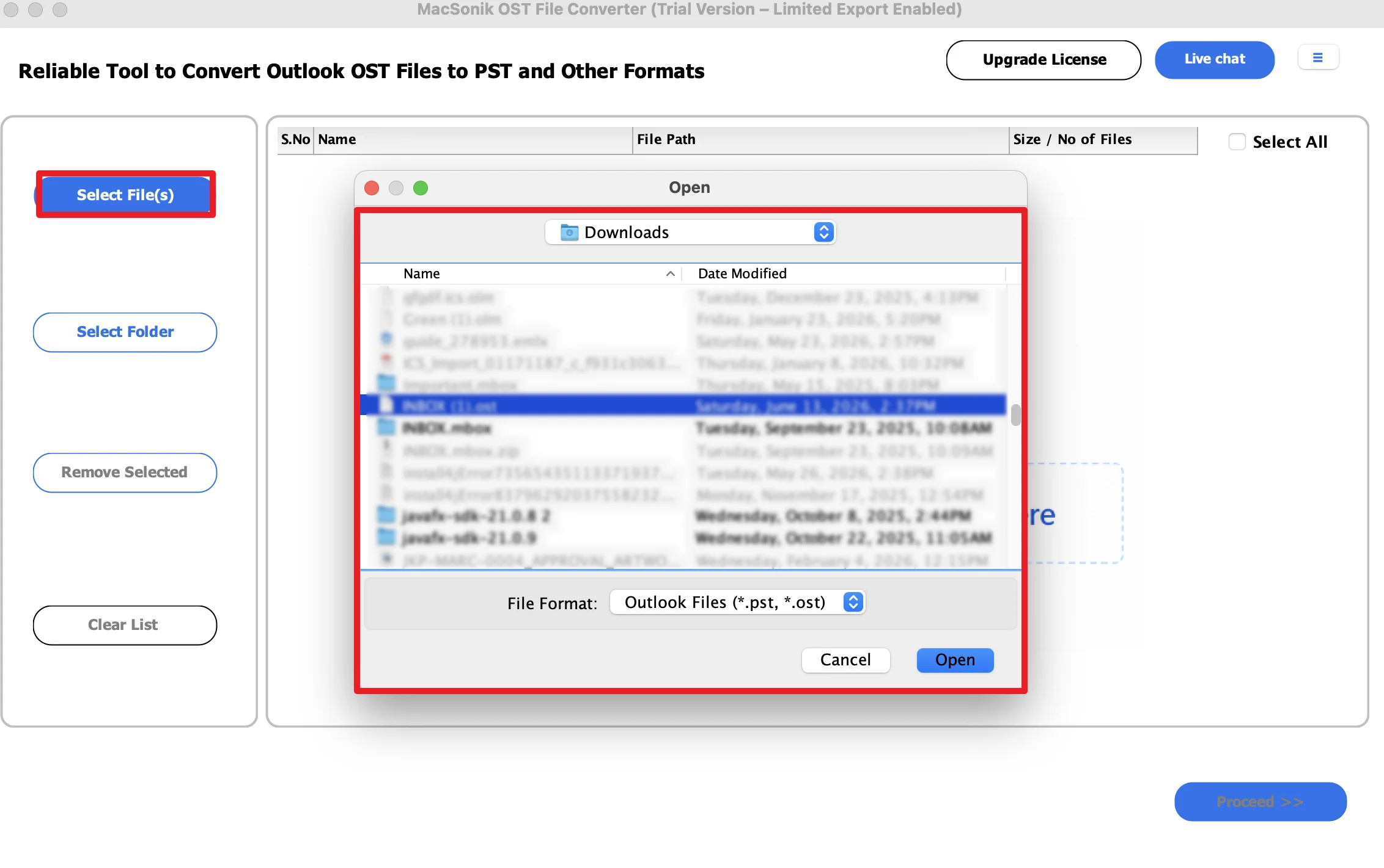Add the OST file to the software