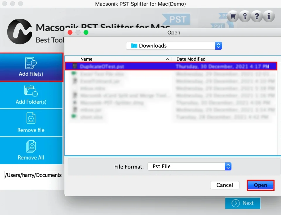 click Add Files and load the PST file