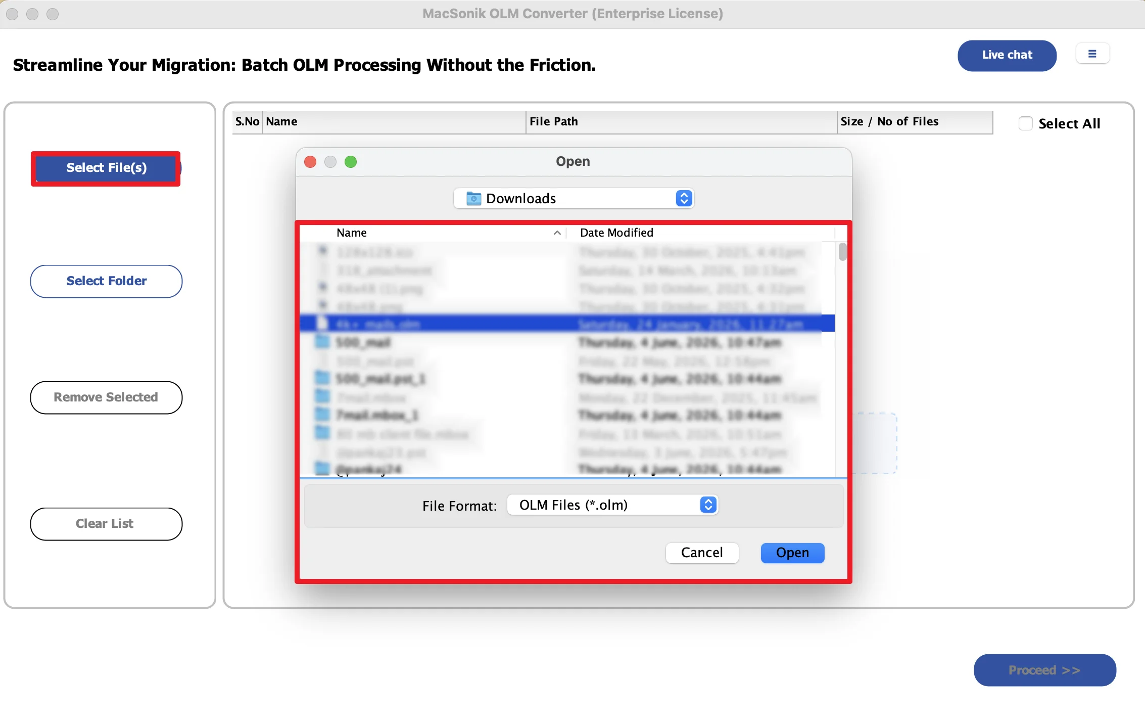 Click Add file/folders to upload the OLM file