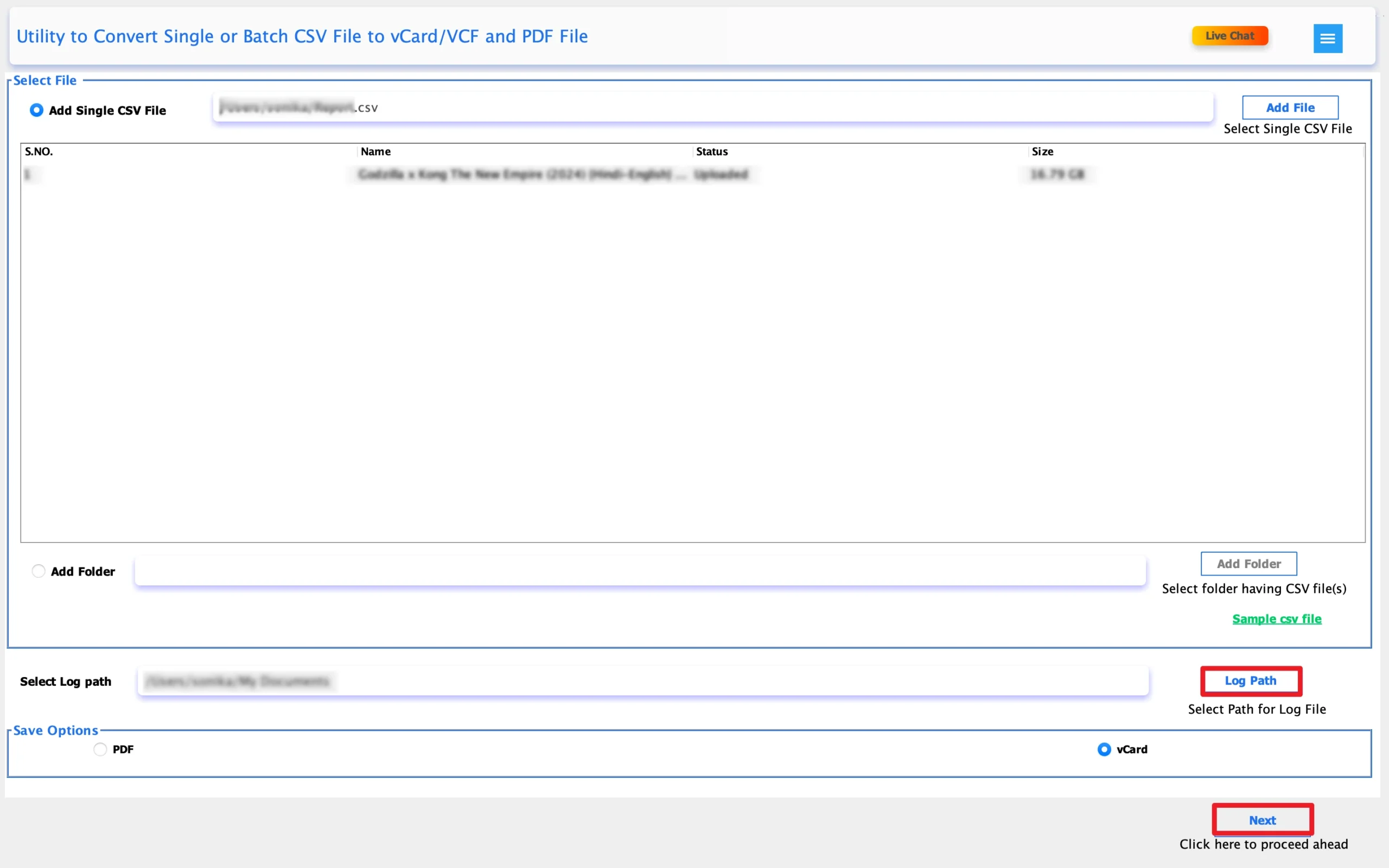Select the path to save the file