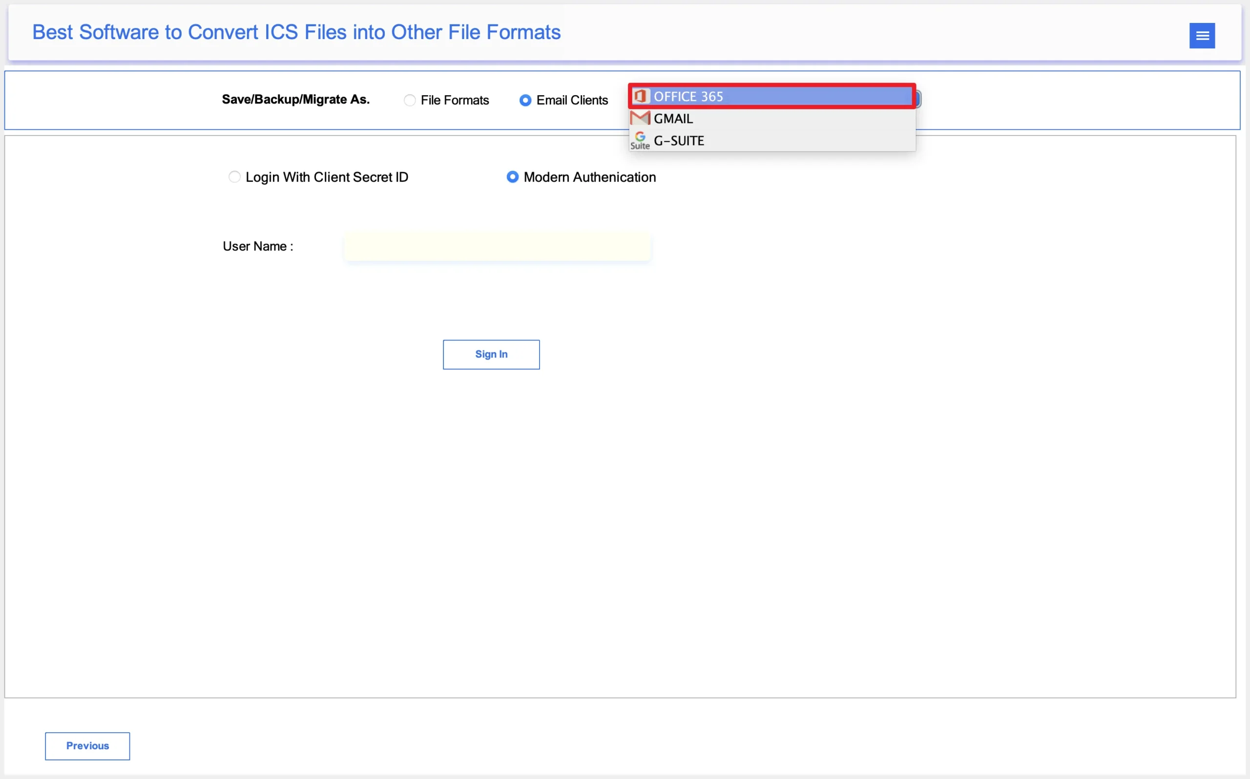 select Office 365 as the saving email client