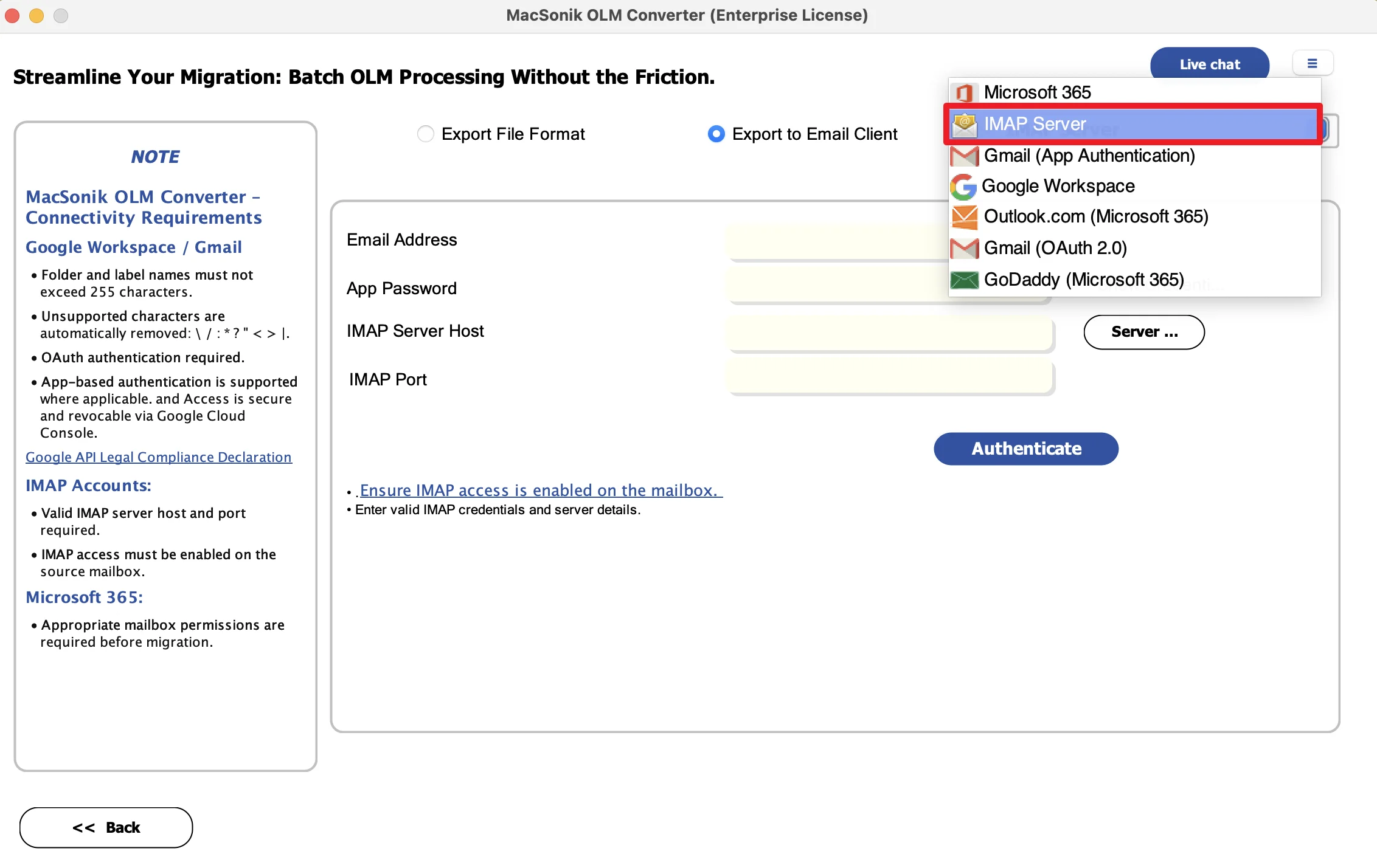 choose IMAP Server as the saving email platform