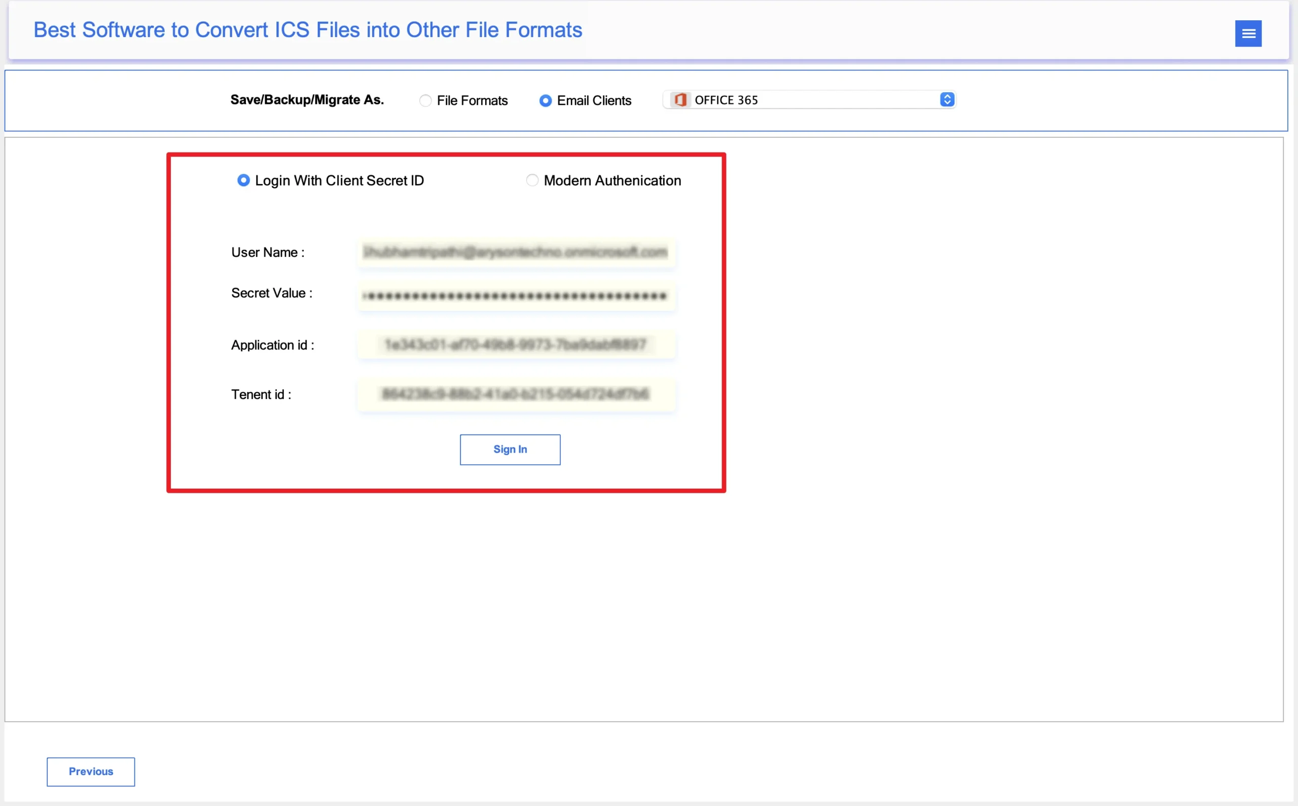 Authenticate using the Office 365 account
