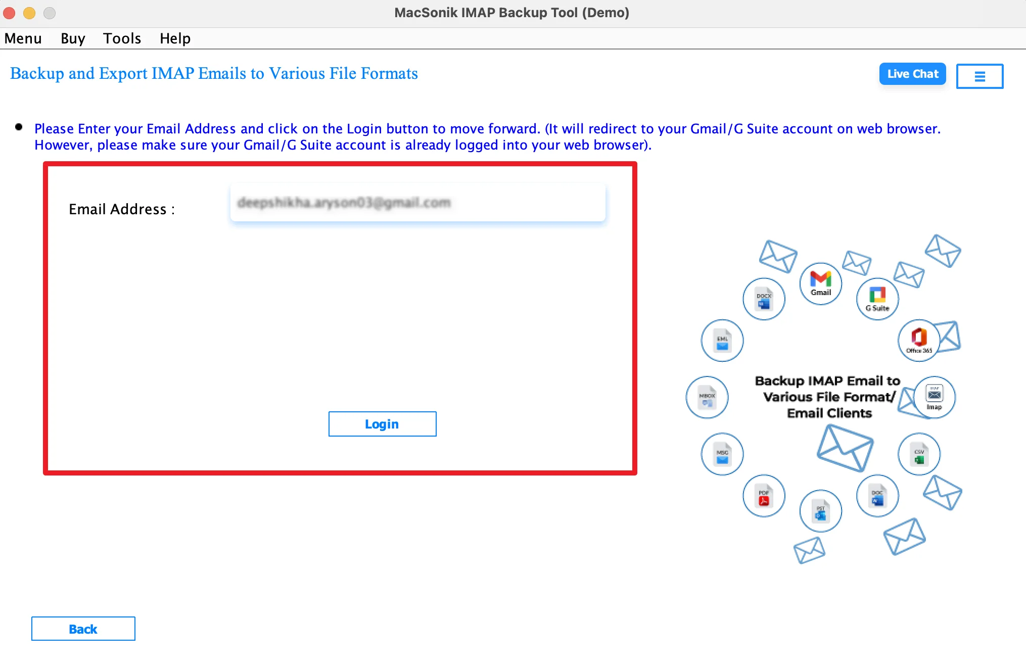 log in using the Gmail account credentials
