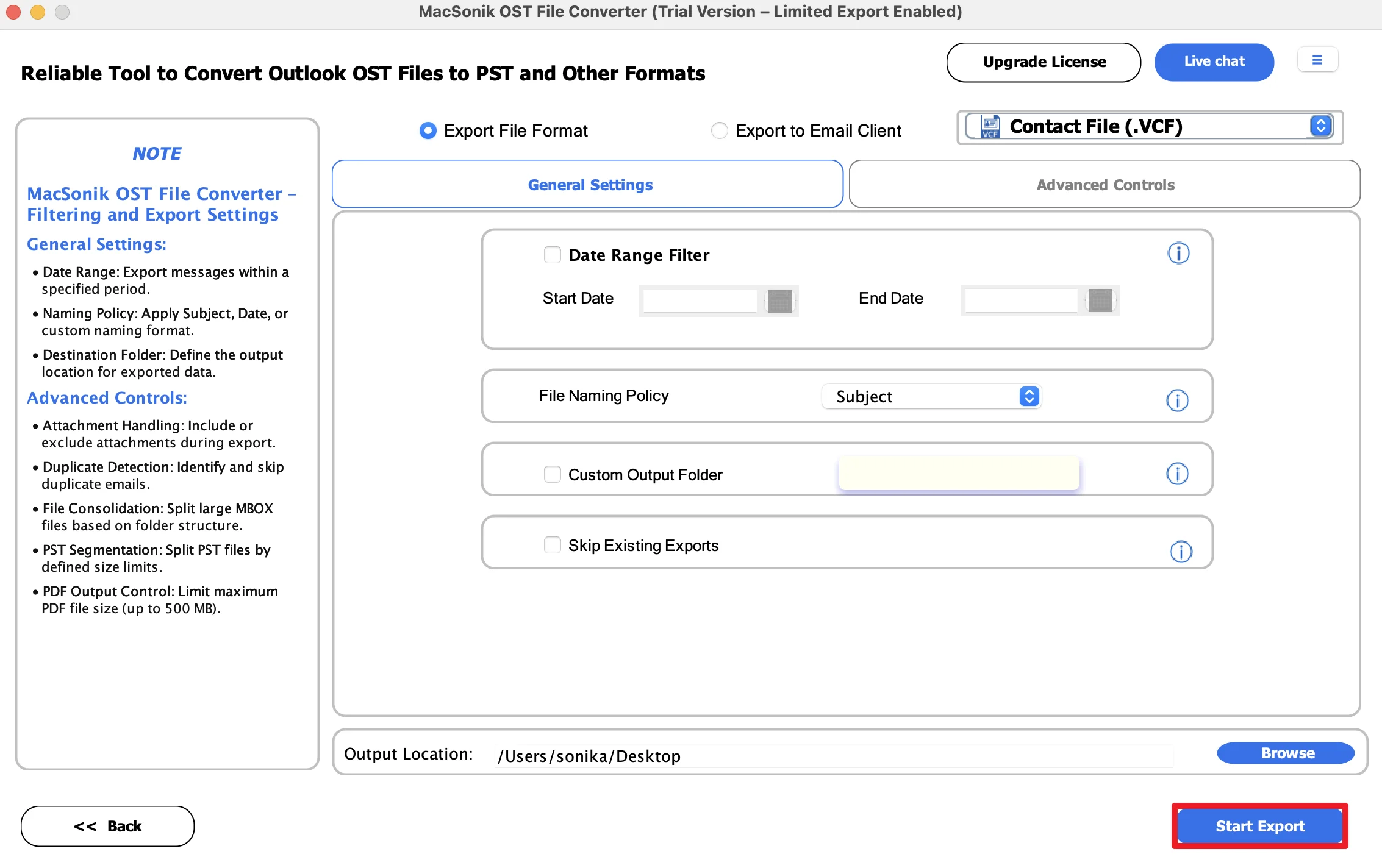 click Start Export