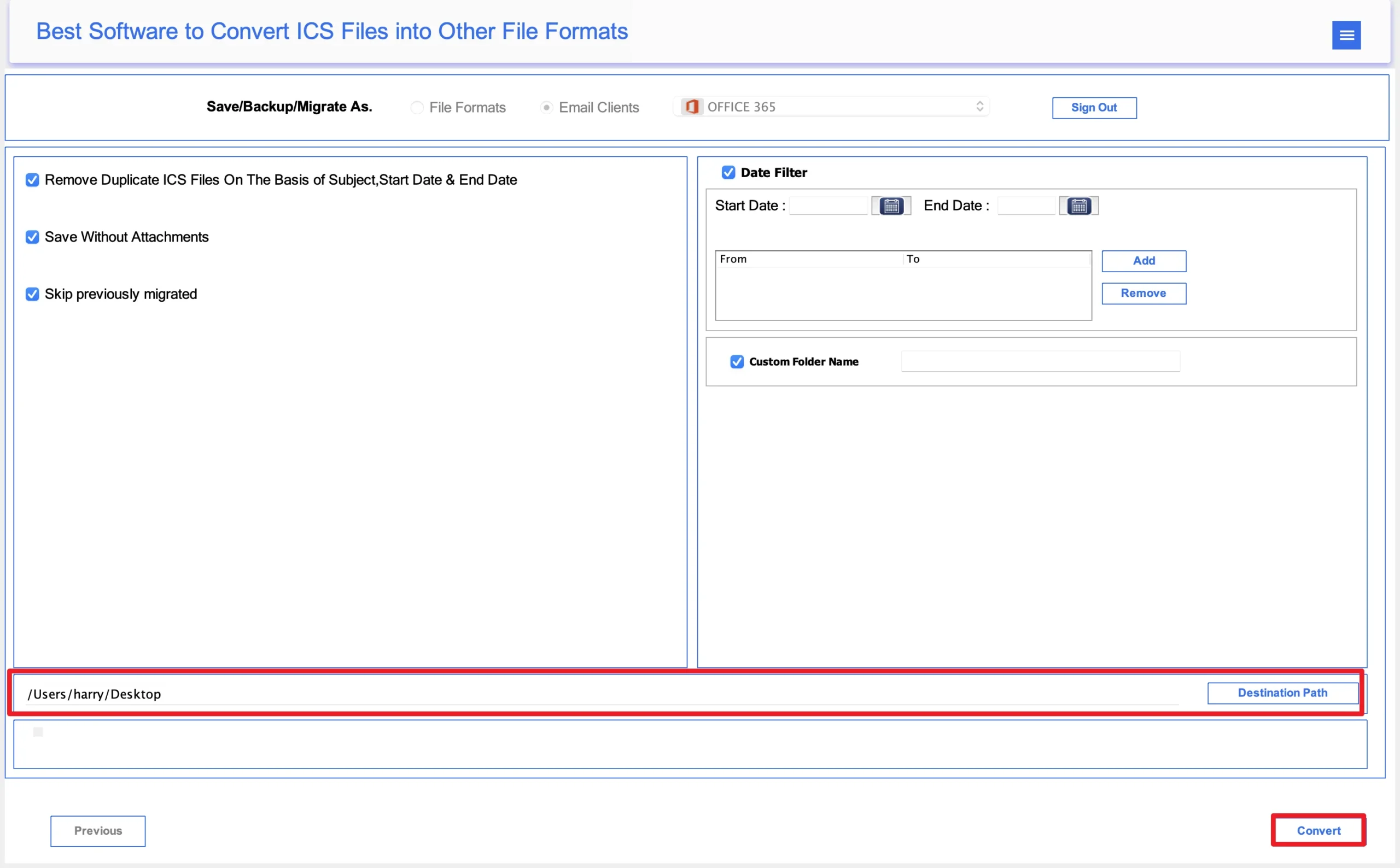 set the path to save the file, and click Migrate to start