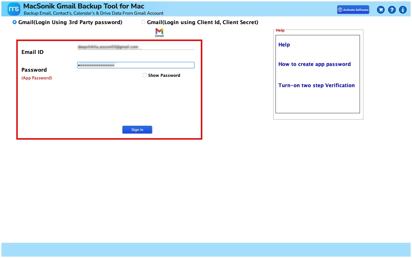 Sign in using the Gmail Account